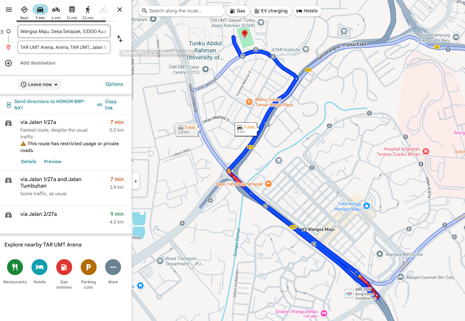 DoubleTree Hotel to TAR UMT - Option A Route Map