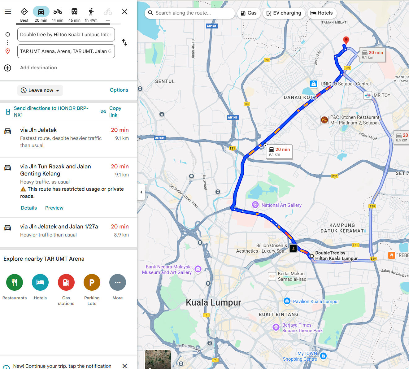 DoubleTree Hotel to TAR UMT - Option C Route Map